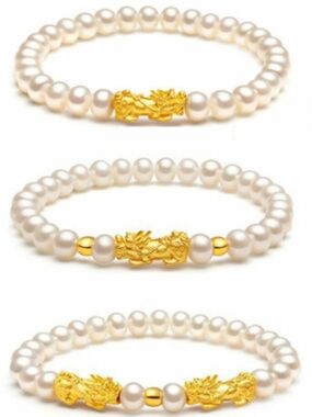 Real 24K Yellow Gold Bracelet 3D Pixiu with Natural Freshwater Pearl Bead 7-8mm